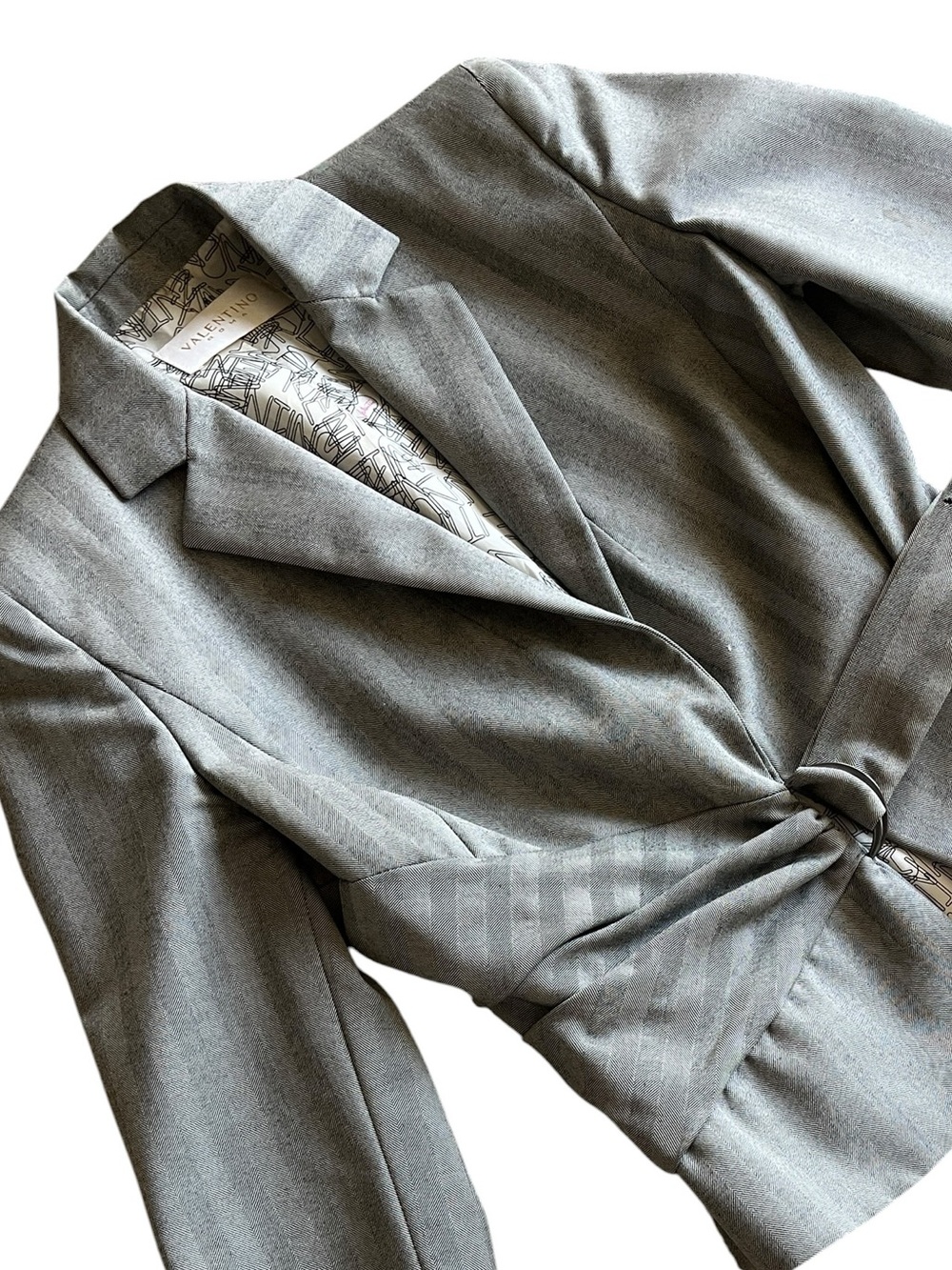 Valentino Roma Herringbone Wrap Blazer Monogram Lining Belted Italy